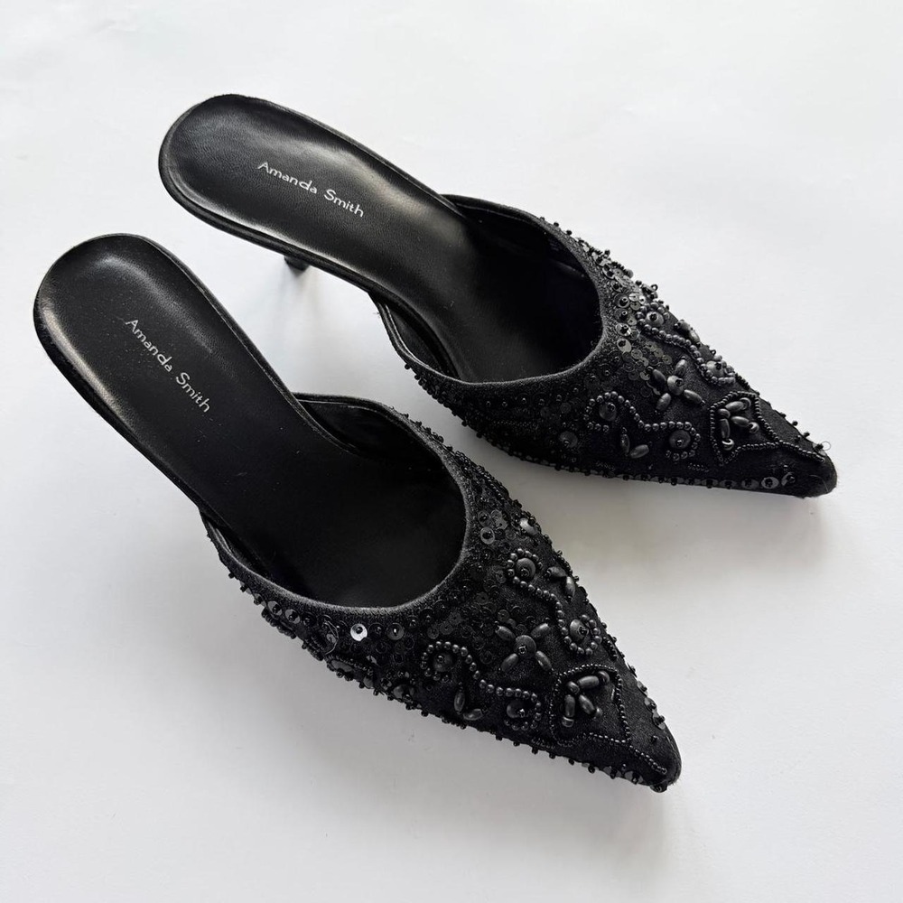 Amanda Smith Women's Size 9 Black Beaded Pointed Toe Kitten Heel Mules